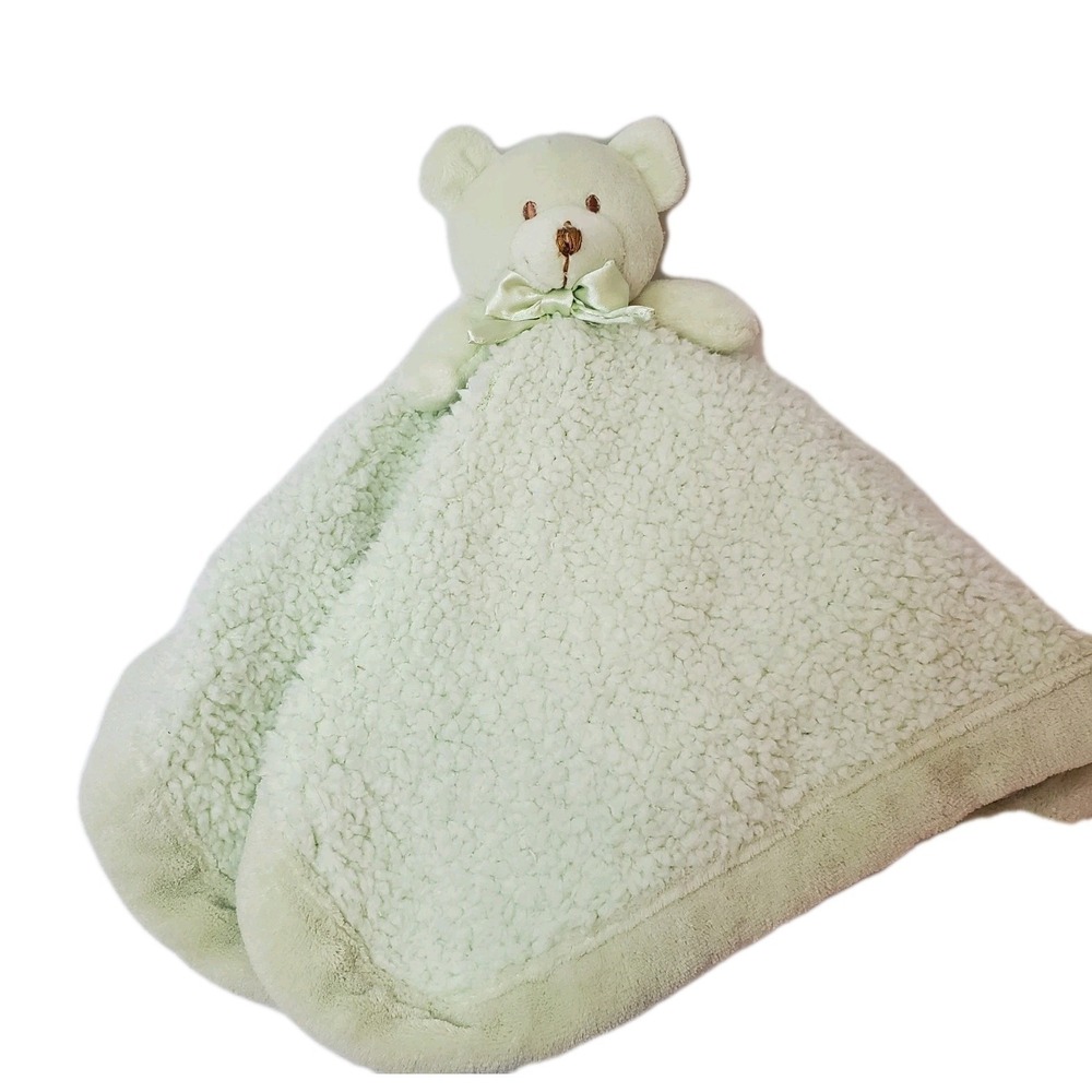 Blankets and Beyond Green Satin Bear Baby Lovey‎ Sherpa Security Blanket Vintage